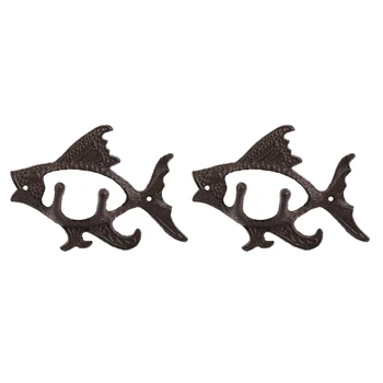 2 Рибки с две куки, Чугун, с монтиран на стената кука от серията Ocean, Монтиране на стена, закачалка за кърпи, една кука за шапки, ключодържатели, палто