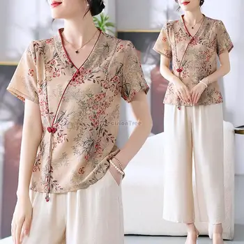 2023 годишен китайски стил, женски етнически стил, с модерна риза с къс ръкав и v-образно деколте, цветен принт, елегантен костюм в стил ретро тан, топ s365