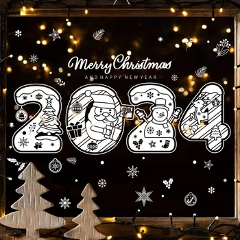 2024, Стикер на прозореца честита Нова Година, Бялата Снежинка, Дядо коледа, Снежен човек, Коледна Елха, Електростатичен етикети, Коледна украса за закрити помещения.
