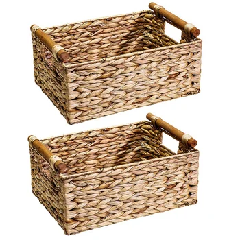 2X Ракита кошница Правоъгълна с дървени дръжки За рафтове, кош за съхранение на воден зюмбюл, Натурални кошници B