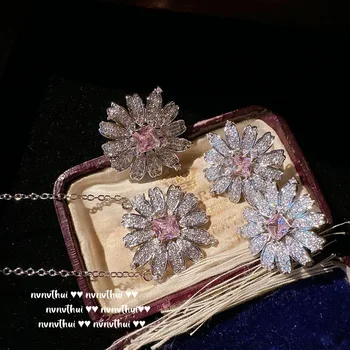 925 Проба, Елегантен Сребърен комплект бижута с розови цветя, украсени с фианитами, за жени, стилна сватбена колие/обеци/Пръстен