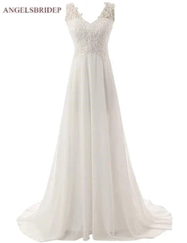 ANGELSBRIDEP снимка на Бели плажни апликация Сватбени рокли Шифоновое сватбена рокля в стил Бохо с V-образно деколте Vestido De Новия