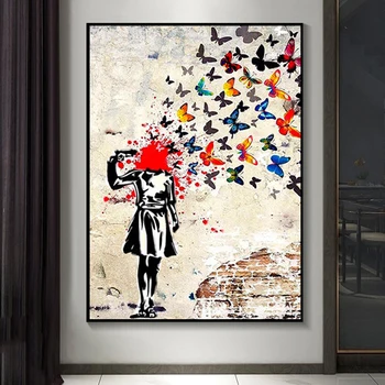 Banksy Изстрел в главата на Момичето-пеперуда Абстрактен плакат, Отпечатан на стената Художествена стенопис HD Платно Картина Banksy за декориране на дневната