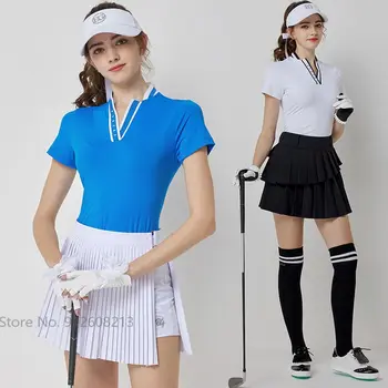 Blktee, Дамски Летни бързо съхнещи Спортни Блузи, Риза за голф с V-образно деколте дамски Панталон за голф, Плисирани Панталони-кюлоты с вътрешни Къси панталони