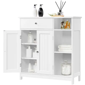 Easyfashion Голям Шкаф за Съхранение, с чекмедже за Баня, Всекидневна, кухненски шкаф Бял цвят