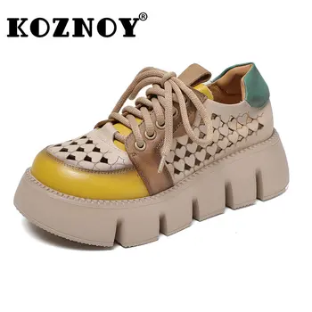 Koznoy/ женски удобни обувки на плоска подметка от естествена телешка кожа с дължина 6 см, разноцветни модни ежедневни дамски летни дишащи обувки на платформа и танкетке