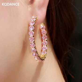 KQDANCE е Създала Кръгли камъни, обици-халки с розови диаманти за жени, сватбени обици със сребърна игла 925 проба, позлатени бижута