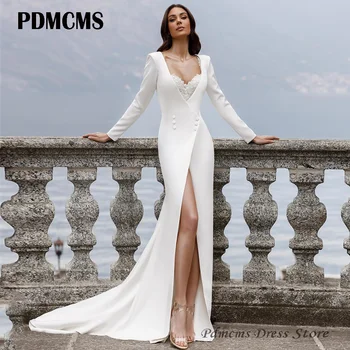 PDMCMS V-образно деколте, Асиметричен разрез отпред, сватбени рокли с копчета, Високо качество Джърси, ръкав-шапка, Шикозни Сватбени рокли, премяна