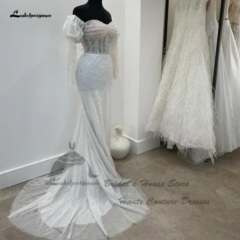 Vestidos Луксозни Сватбени рокли на Русалка с мъниста 2023, Корсетные Елегантни Булчински рокли с дълъг ръкав и по-отворени рамене