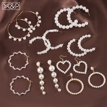 X & P Новите Модни Корейски обици-висулки с перли за жени, Геометрични Големи Овални обеци във формата на сърце, кръгли висящи обеци 2023, Сватбени декорации