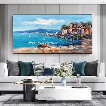 Артекс, модерен абстрактен платно с ръчно рисувани, натоварен на морски пейзаж, стенно изкуство, живопис за всекидневната, декорация на дома