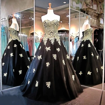 Бална рокля ANGELSBRIDEP Quinceanera, 15 вечерни рокли, апликации от черно злато, тюл, рокля на принцеса рожден ден, абитуриентски дантела