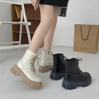 Ботильоны; Дамски обувки на тънък ток, С кръгли пръсти; Нови Модни обувки на платформа с шнур; Малки Ботильоны; Ежедневни обувки на дебелите ток