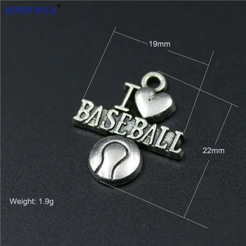 Високо качество на 50 бр./Лот 19 мм * 22 мм Античен сребърно покритие Буквата I love Baseball Спортни Бейзболни Окачване