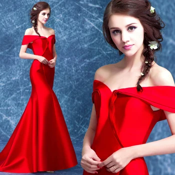 гореща секси русалка 2018 нов дизайн червено атласное рокля за абитуриентски бал с дълъг ръкав vestido de феста longo robe de soiree рокли на шаферките