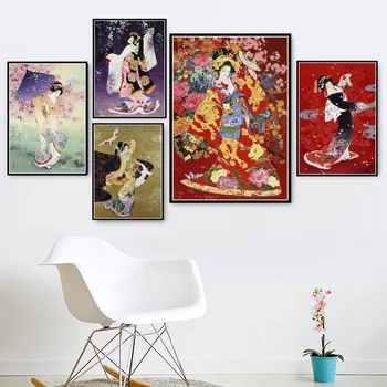 Гореща японската Японската Жена-Гейша, Художествена картина, плакат, печат, Художествена живопис с маслени бои, платно, стенни картини за хола картини