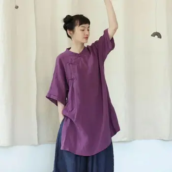 Дамска лятна риза Чонсам, свободна, с висока яка и тока в китайски стил със средна дължина, удобна блуза в китайски стил в стил ретро