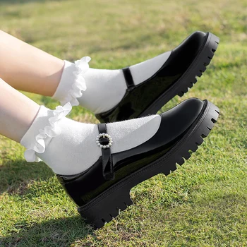 Дамски обувки Mary Jane; Летни обувки от фина кожа с кръгла пръсти във френски стил ретро; Черни обувки с дебела подметка;