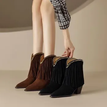 Дамски обувки Есен обувки на висок ток, луксозна дизайнерска зимни обувки с цип, Дамски Модни каубойски ботильоны на висок ток 2023, Дамски обувки