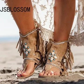 Дамски обувки на танкетке с ресни и цветя в ретро стил 2023, плажни ежедневни сандали от цели флока, дамски летни сандали-чехли