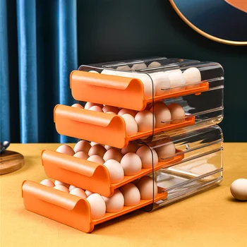 Двуслойни кутия за съхранение на яйца, хладилник, държач за яйца на 32 окото, кутии за съхранение на пресни яйца от прозрачна пластмаса, Штабелируемый органайзер за яйца