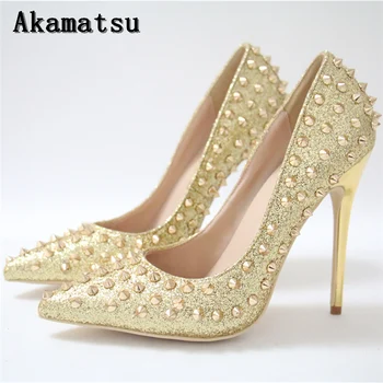 Дизайнерски дамски обувки на луксозна марка akamatsu златисто-жълт цвят на висок ток с карфица; дамски обувки без обков с остри пръсти; блестящи обувки-лодка