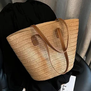 Дизайнерски сламени чанти, кошници, големи дамски чанти през рамо от ратан, ръчно изработени чанти с голяма дръжка, плажни чанти голям капацитет, портфейли-тоут