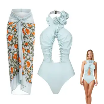 Едно парче бански костюм с цветове, дамски цял бански, рокля с цветен модел, с плажна рокля в ретро стил, бански костюм с контрол на корема, без ръкави, с отворен гръб
