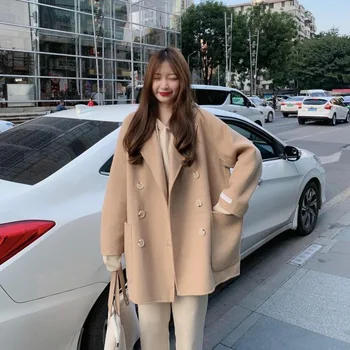 Есен-Зима Ново Корейското модно вълна палто Дамско двубортное ежедневни якета с дълги ръкави в консервативна стил за жени Градинска облекло