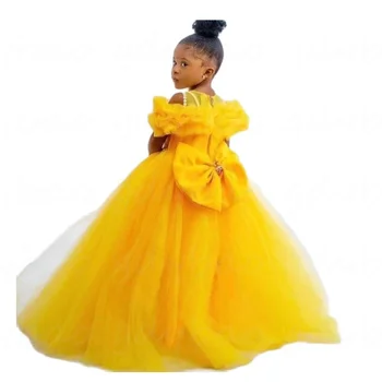 Жълто перлена дантелено рокля на цветчета за момичетата на сватбата 2023, Принцеса, Децата, Малката Булка, Представа за първо причастие, Парти, Бална рокля