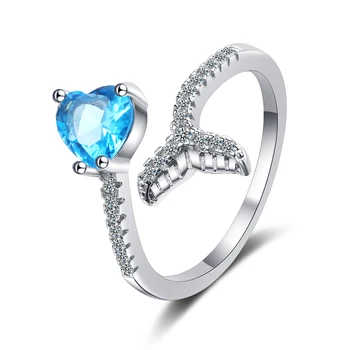 За да създадете пръстен във формата на рибено опашката от сребро 925 Проба, Регулируем пръстен със сапфир сърце, за жени, Изискани бижута