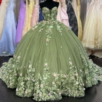 Зелена блестяща бална рокля Принцеса-милочки, буйни рокля с открити рамене, Цветя, апликации, мъниста, Луксозен корсет, Vestidos De 15