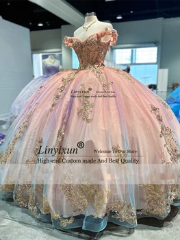 Изящни Розови Рокли Quinceanera 2023 Дантелени Апликации От Кристални Мъниста Бални Рокли Sweet 16 Dress Выпускное Рокля Vestidos