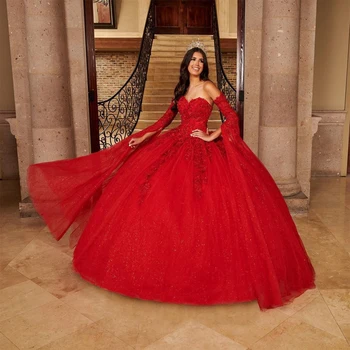 ИСКРЯЩО Светло виолетово-червена бална рокля от тюл във формата на сърце, Пищни рокля с дълъг ръкав 15 години, Вечерни цветя за момичета