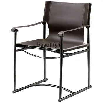 Италианско минималистичное кожа на седлото, стол, за да се учат, Дизайнерски модел, висококачествен подлакътник, стол за почивка, чаено стол, стол за конференция
