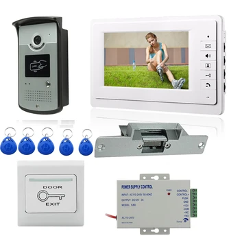Кабелен 7-инчов видео домофон Домофонна Система на входа 1 Монитор + 1 IR камера RFID достъп 1000TVL + Електрическа брава