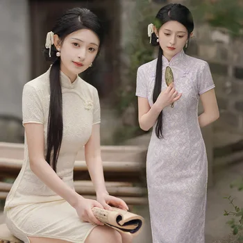 Китайски елегантен Ретро и модерен завързана жена Чонсам, ежедневна рокля Ципао, традиционно облекло