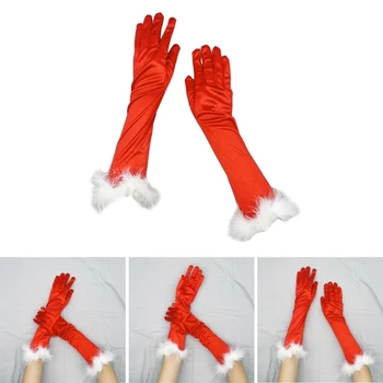 Коледни ръкавици на Дядо Коледа за cosplay, зимни червени ръкавици без пръсти с дълги пръсти, гъвкави топли малки звънчета / Бели маншети, ръкавици за момичета