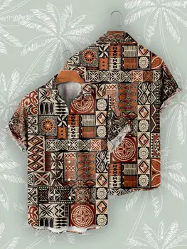 Летни ризи в стил ретро с къс ръкав, мъжки ризи с 3D-принтом в бохемски стил на Африканско племе, всеки ден на хавайски плаж върховете оверсайз за социални мрежи