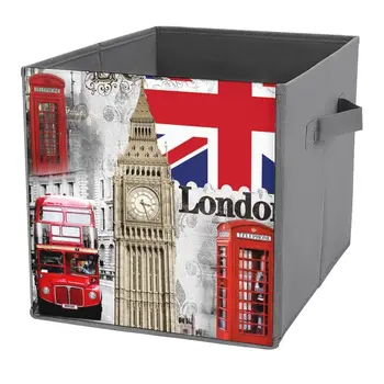 Лондон Биг Бен Великобритания Британски Флаг Сгъваем Текстилен Кутия За Съхранение на Кубчета Органайзер Сгъваема Кутия с Дръжка за Подарък за Дома Спални