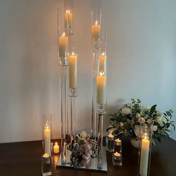Луксозен сватбен свещник от прозрачен акрил, Кристален свещник на 6 опори с прозрачна акрилна тръбичка AB0146