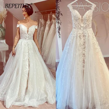Луксозни дантелени сватбени рокли с отворени рамене 2023, флорални апликации, лъскави сватбени рокли, в Елегантна сватбена рокля на принцеса на поръчка