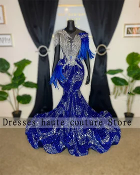 Луксозни Лъскави абитуриентски рокли Русалка Кралския син цвят 2023 г. Мъниста, пискюли от кристални пера, вечерна рокля, официална вечерна рокля