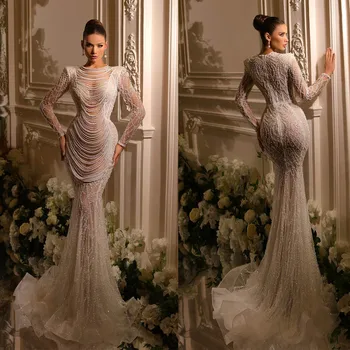 Луксозни сватбени рокли с илюзията мъниста, Дантелено сватбена рокля с перли, сшитое по поръчка с прозрачни пайети Vestido de новия