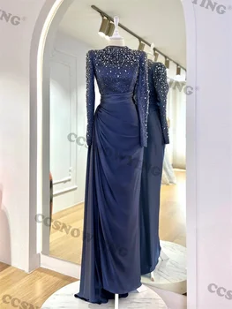 Луксозно, расшитое пайети Атласное рокля за абитуриентски бал с високо воротом и дълъг ръкав, Арабски Кафтан от Дубай