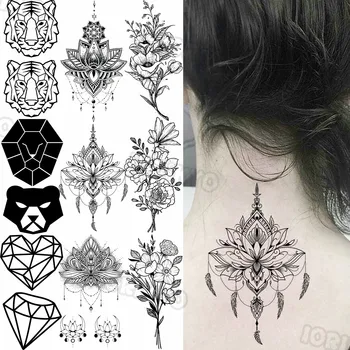 Малки временни татуировки с черна къна за жени и момичета, с реалистична флора и анимационни тигър, татуировка-стикер с фалшив диамант, tattoo на гърба на ръцете