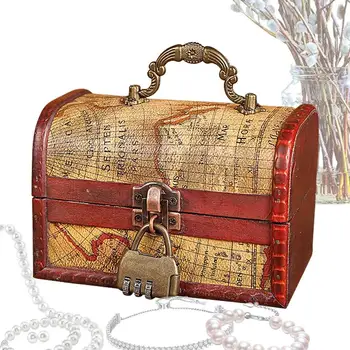 Малък дървен сандък Пиратския сандък Кутия за съхранение с брава и дръжка Кутия за подаръци За спомен Ковчег за бижута Монета за спомен