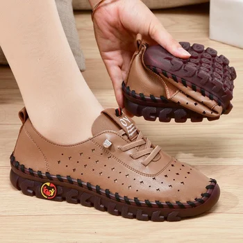 Маратонки Дамски Обувки Кожени Лоферы Обувки за Жени Удобни Обувки Без Обков на Прежди за Ръчно Шиене Мамина Обувки Zapatillas De Mujer