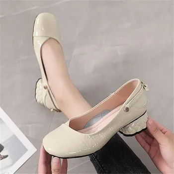 Марка дамски обувки, дамски обувки-лодка на дебелите обувки, естествена кожа, през цялата чорап, вечерни обувки ръчна изработка, Удобна за офис дамски обувки, Размер 35-43