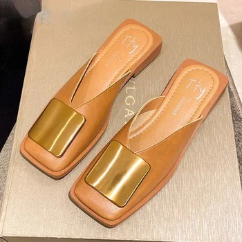 Маркови Дизайнерски Дамски чехли Модни Джапанки с метална катарама на плосък ток С квадратни пръсти, Градинска пързалка, Дамски ежедневни сандали